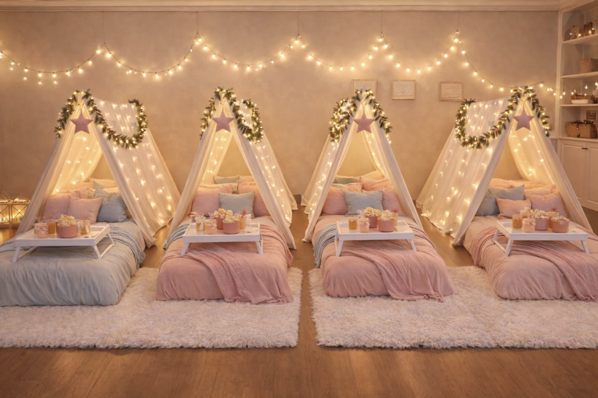 Cozy sleepover teepee setup with twinkle lights and plush bedding